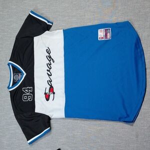 Bleecker Mercer Savage Jersey Shirt Size Large Blue White Black Spell Out‎